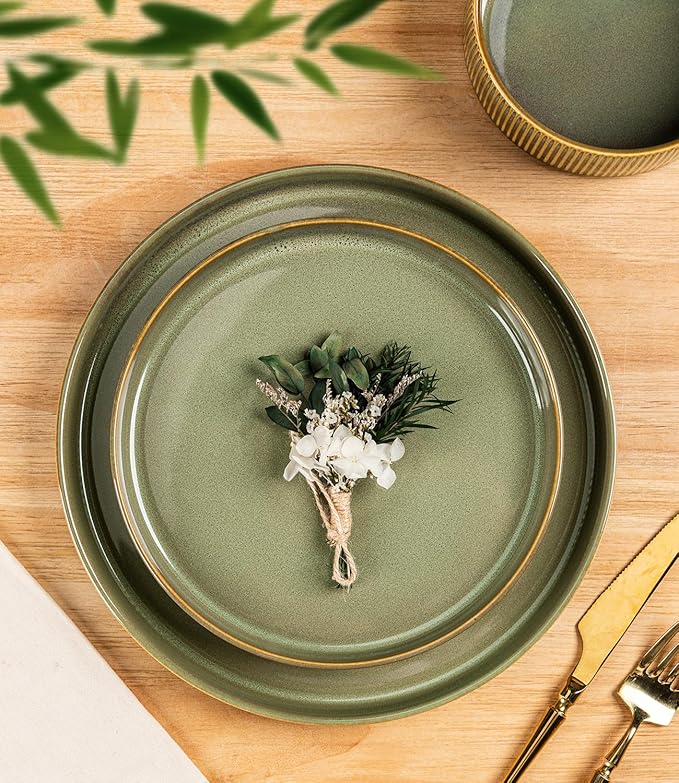 Ceramic Dinnerware Set for 4, 12-Piece Plates and Bowls Set | Lightweight Porcelain Dish Set, Scratch Resistant, Oven & Microwave & Dishwasher Safe, Sage Umber