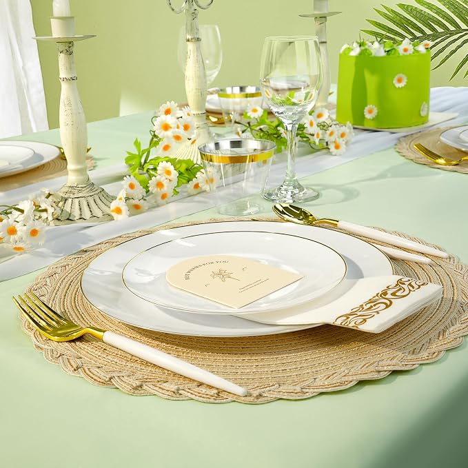 Bestluck 350PCS White Plastic Dinnerware Set, White Gold Plastic Plates for 50 Guests, Include 100 White Plates with 150 Plastic Cutlery, 50 Napkins and 50 Cups