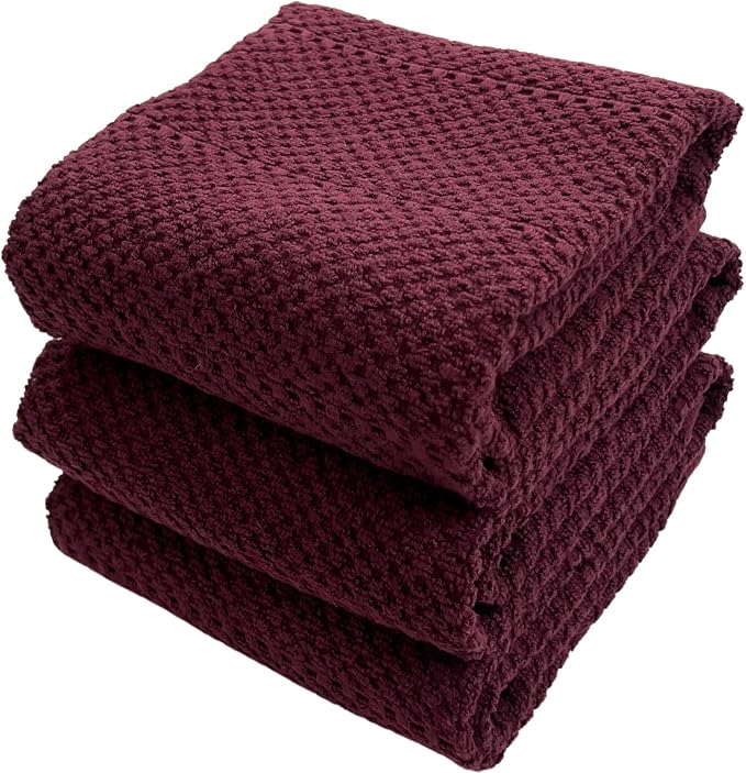 Burgundy Red Wine Kitchen Dish Towels, Set of 3, 100% Cotton, 18" x 28" | Terry Loop Textured, Soft & Absorbent Cleaning Cloth, Quick Dry, Multipurpose for Everyday Use