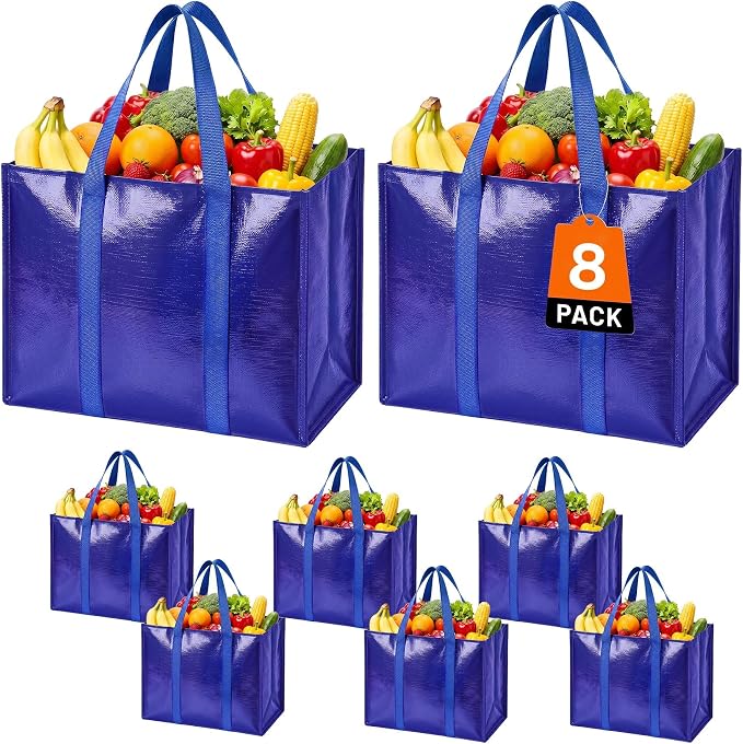 Reusable Grocery Bags, Waterproof & Foldable Shopping Bags Stand Upright | Heavy Duty Shopping Tote Bags, Waterproof & Foldable with Long Handles for Bulk Shopping, Versatile Storage 8 Pack-33L