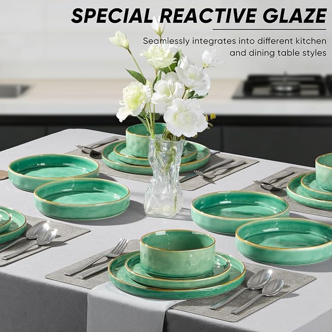 E-far Stoneware Dinnerware Set, 16-Piece Plates and Bowls Sets for 4 | Modern Dishes for Kitchen Dining, Reactive Glazing Ripple Design, Chip Resistant, Microwave & Dishwasher Safe, Reactive Green