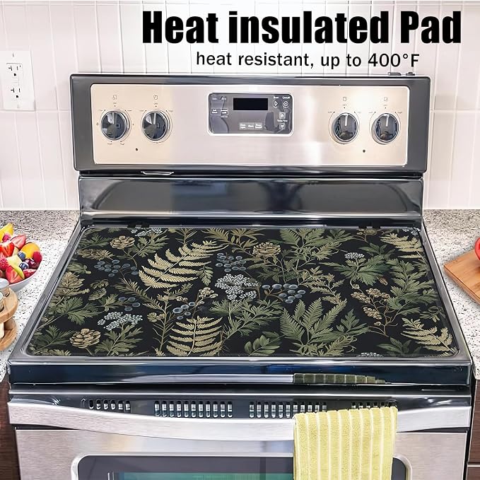 Green Leaves Glass Top Stove Cover Protector,Summer Forest Berry Heat Resistant Stove Top Cover, Large Size Range Covers for Electric Stove Countertop Mat, 28 x 20 Inch