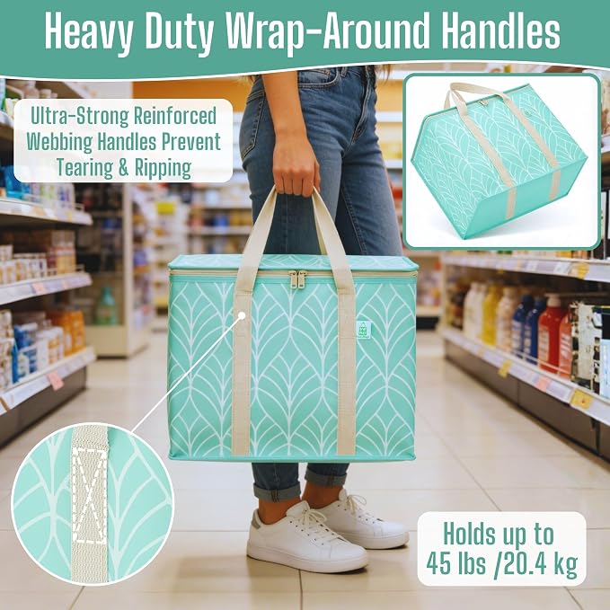 VENO 3 Pack Insulated Cooler Bag Reusable Grocery Bag for Food Delivery | Heavy Duty Large Collapsible Cooler Shopping Tote w/ Zippers, Foldable, Stands Upright for Camping Picnic(Evergreen, 3 Pack)