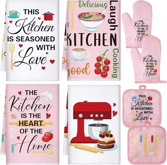 Leinuosen 8 Pcs Kitchen Towels and Oven Mitts Sets Pot Holders Dishcloths Set Kitchen Decorative Accessories Absorbent Potholders Heat Resistant for Chef Baking Cooking(Pink,Food)