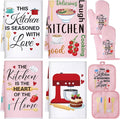 Leinuosen 8 Pcs Kitchen Towels and Oven Mitts Sets Pot Holders Dishcloths Set Kitchen Decorative Accessories Absorbent Potholders Heat Resistant for Chef Baking Cooking(Pink,Food)