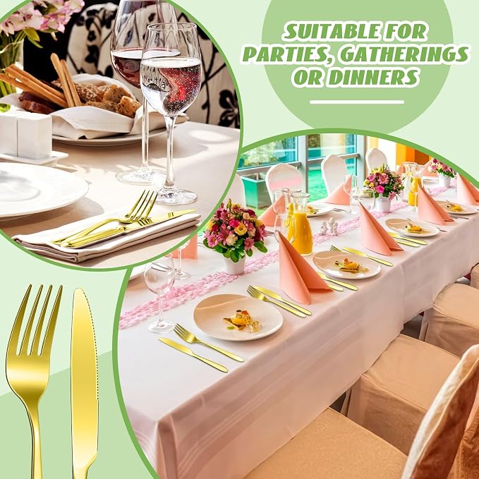 Nuenen 150 Pcs Stainless Steel Set Include 75 Dinner Forks and 75 Knives, Metal Steak Knives Forks Flatware Tableware Cutlery Set for Home Restaurant Hotel, Mirror Polished, Dishwasher Safe (Gold)