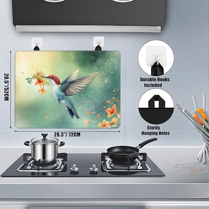 Cute Hummingbird Glass Top Stove Cover Protector,Spring Flower Stove Top Covers for Electric Stove,Washable Heat Resistant Cooktop Mat Anti-Slip Range Covers, 28 x 20 Inch