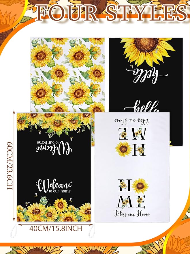 4 Pcs Sunflower Kitchen Towels, Welcome Home Hand Tea Towels Gift | Absorbent Fast Drying Dish Clothes Floral Black Yellow Decor Housewarming Gift for Cooking Bathroom Kitchen Decor