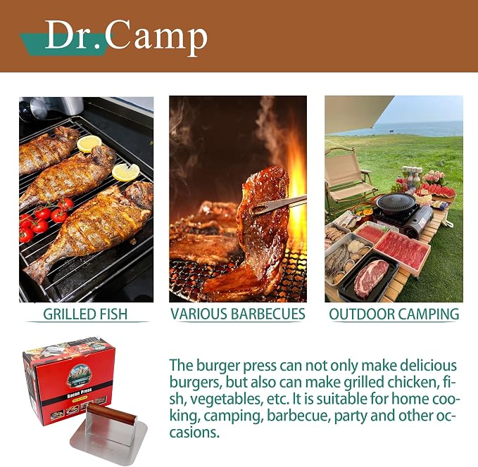 Dr.Camp 7 Inch Stainless Steel Burger Press with Real Wood Handle Heavy Duty Bacon Press Grill Press for Griddle Flat Top Smash Burger Press Hamburger Smasher Meat Press (Square)