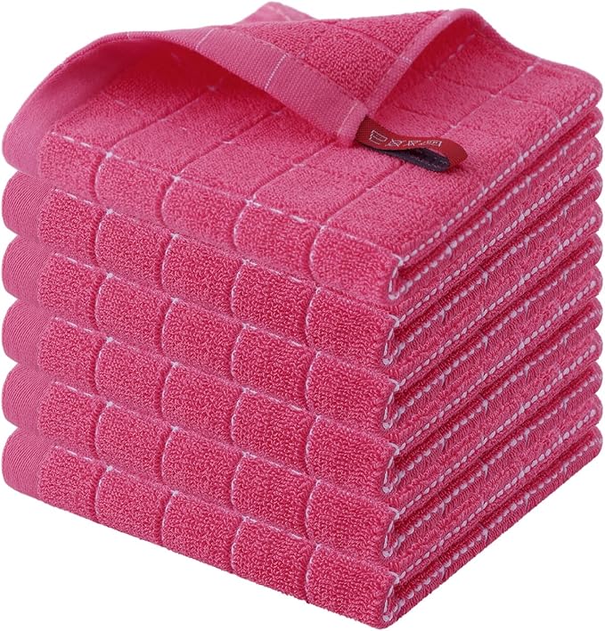 Homaxy 100% Cotton Terry Kitchen Dish Cloths, 6 Pack, Rose Red | Ultra Soft and Absorbent, Suitable for Drying and Washing Dishes