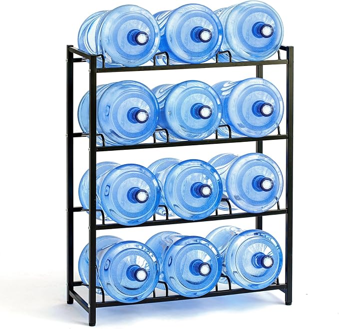 5 Gallon Water Dispenser Jug Holder Heavy Duty Water Cooler Jug Rack and 4 Tier Water Storage Rack with 12 Slots for Gallon Jugs (Black)