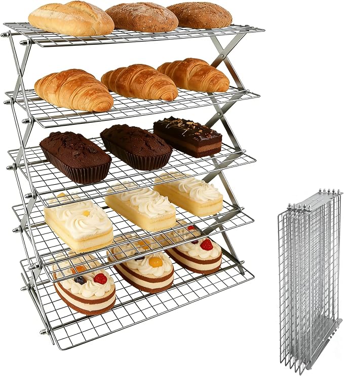 5 Tier Collapsible Cooling Rack Sourdough Cooling Rack 17"x10" | Cooling Racks for Cooking and Baking, Roasting, Grilling, Adjustable 6 Setting Design stackable, Oven & Dishwasher Safe