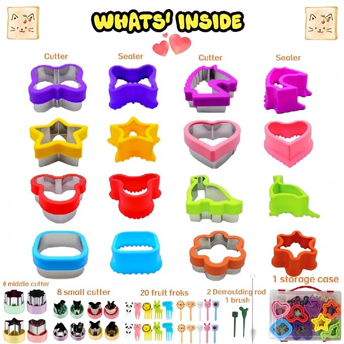 Uncrustable Sandwich Cutter, Crustless Sandwich Cutter and Sealer Set | 43PCS Sandwich Cookie Cutters & Forks, Heart Square Dino Unicorn etc Shapes, Lunch & Bento Box Accessories with Storage Box