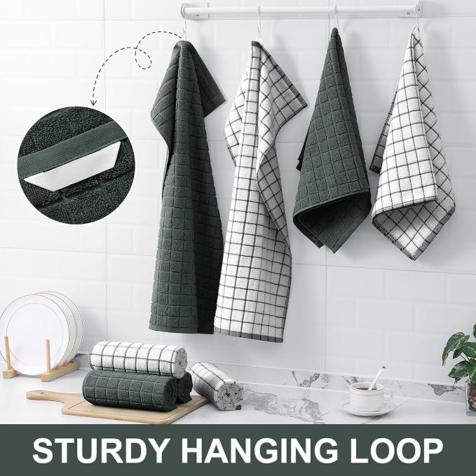 Homaxy Large Premium Cotton Kitchen Towels 16"x 28", 12 Pack, Dark Green | Natural Ring Spun 390 GSM Dish Towels, Super Absorbent Terry Kitchen Hand Towels, Soft Tea Towels with Hanging Loop