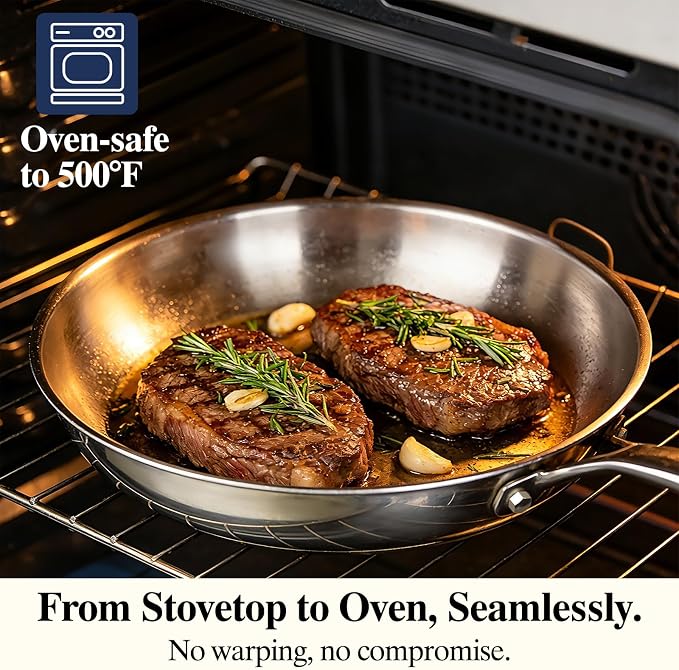 Umite Chef Stainless Steel Frying Pan Set with Lid, 3Pcs Skillet Set (Includes 8",10",12") - 5 Ply Stainless Clad - Heavy Duty & Professional Cookware Set, Fast & Even Heat, Dishwasher and Oven Safe