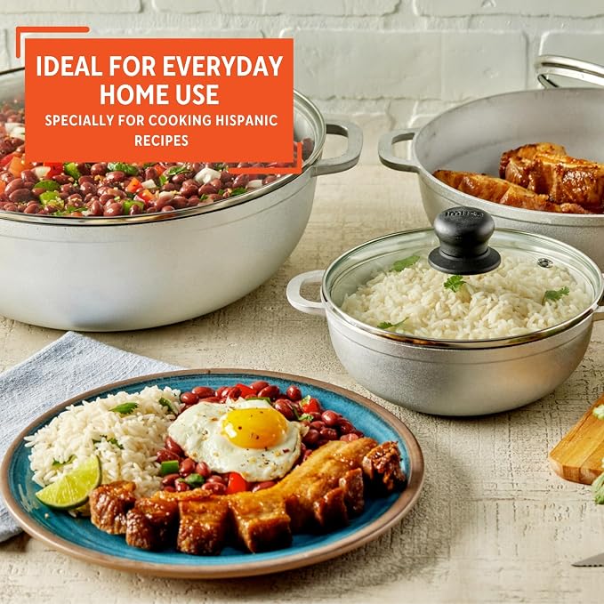 IMUSA 1.5, 2.5 & 5.2 Qt Cast Aluminum Caldero 3 Piece Set with Glass Lid | Polished Finish, Glass Lid with Riveted Handles, Ideal for Rice and Stews, Perfect for Serving Medium and Small Groups