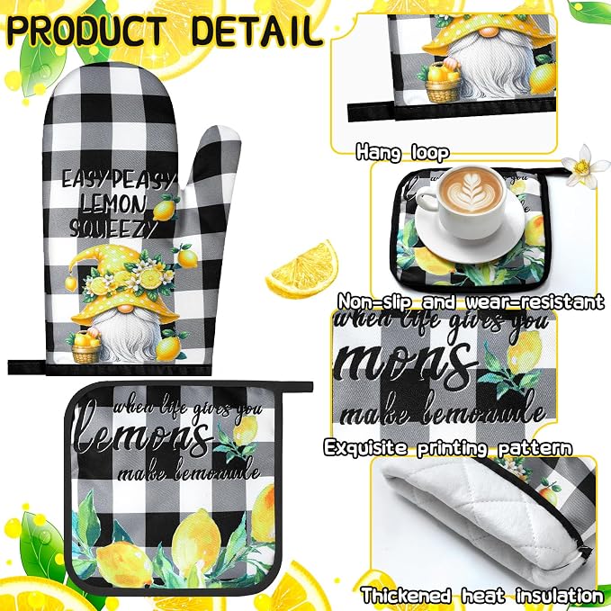 Fourluoo 10 Pcs Lemon Kitchen Decor Set Dish Towels Kitchen Rugs Oven Mitts and Pot Holders for Cooking Baking Grilling Women Mom Gift