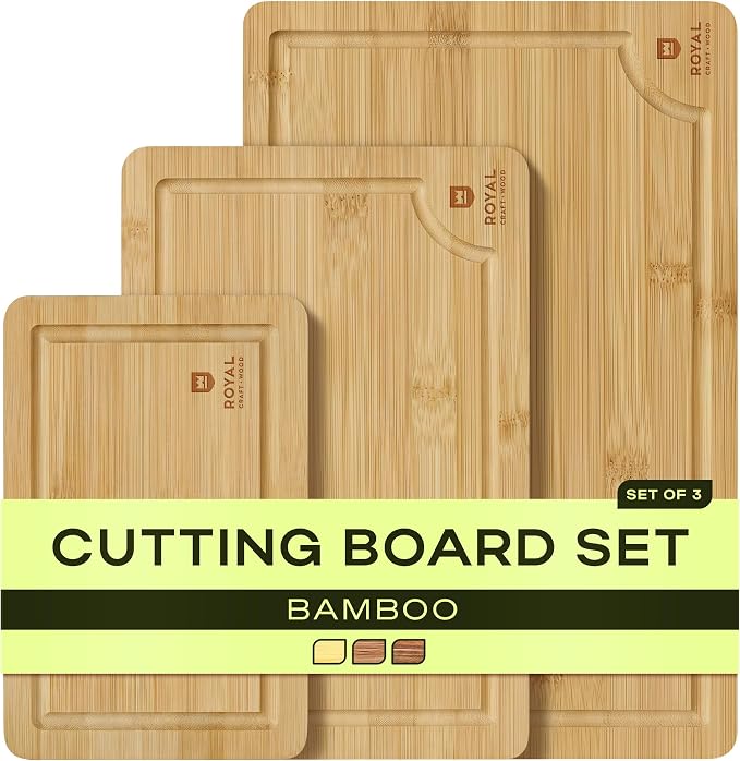 ROYAL CRAFT WOOD Wooden Cutting Boards for Kitchen Meal Prep & Serving - Bamboo Wood Serving Board Set with Deep Juice Groove Side Handles - Charcuterie & Chopping Butcher Block for Meat