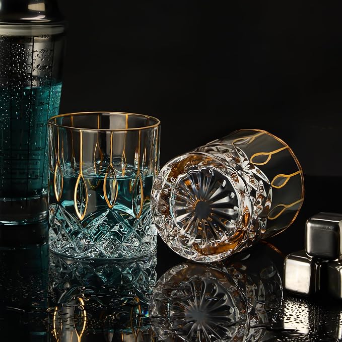 GLASKEY Gold Rim Whiskey Glasses Set of 2,Crystal Old Fashioned Glasses-Luxury Gold Collection,Perfect for Scotch Bourbon Rocks Cognac Vodka Gin Tequila Rum Liquor,Whiskey Gifts for Men