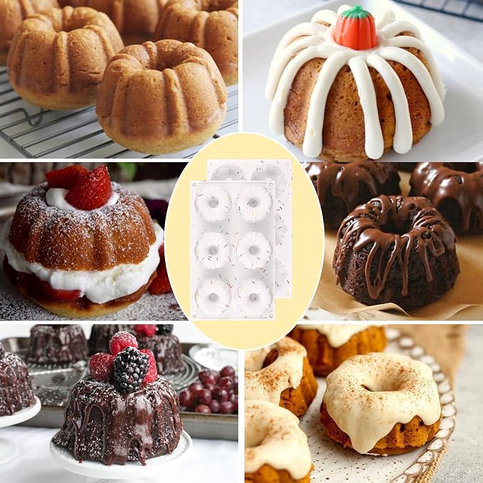 HUAKENER 2 Pcs Mini Fluted Cake Pan, 6-Cavity Fluted Tube Cake Pan | Non-stick Silicone Baking Mold for Cupcakes, Donuts, Muffins, Cornbread, Brownies, Jellies