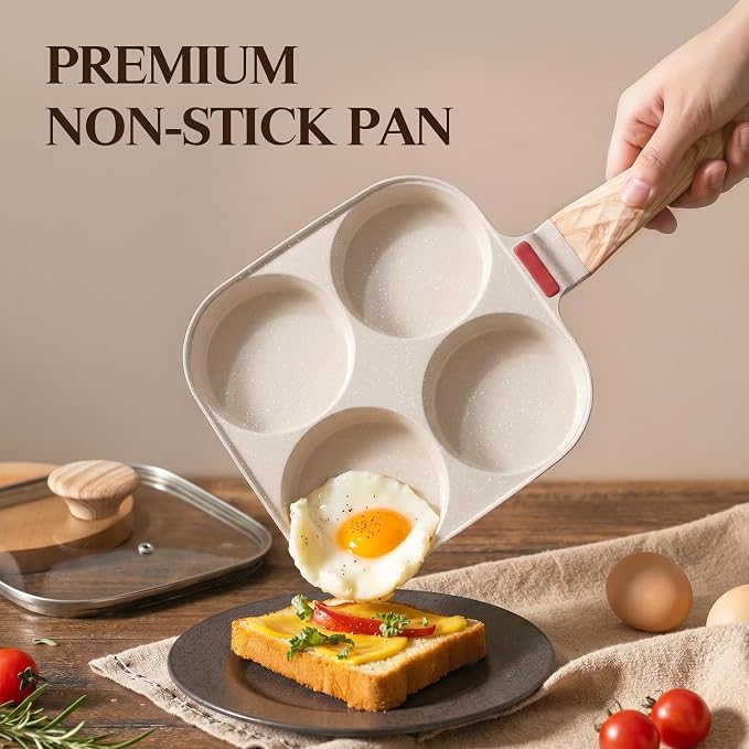 Egg Pan with Lid 4 Cup Nonstick Egg Frying Pan Omelette Skillet | Aluminum 4-Hole Omelette Pan with Glass Lid, Spatula, and Silicone Brush. Works for Breakfast Eggs, Bacon, and Mini Pancakes.
