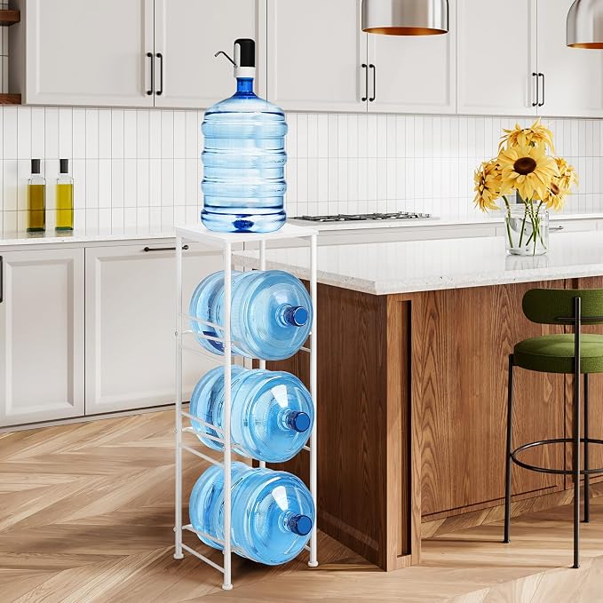 OYEAL 5 Gallon Water Bottle Jug Holder 3-Tier Water Bottle Holder Organizer with Top Shelf, Heavy Duty Water Dispenser Stand Rack for Kitchen Living Room Office, White