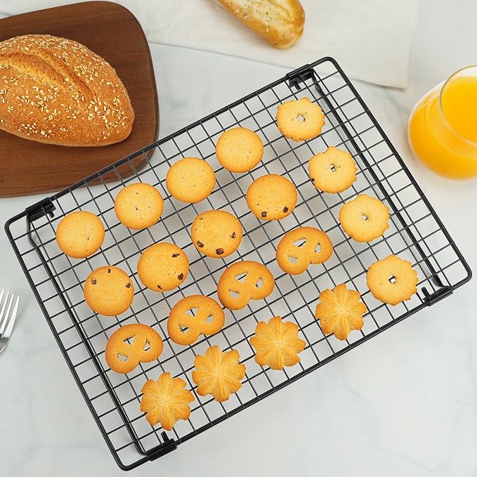 QWORK Stackable Cooling Racks for Baking and Cooking, 2 Pack 13.4x9.4 Inch Nonstick Carbon Steel Wire Rack, Foldable Cooling Rack