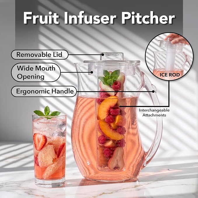 OVENTE Fruit Infusion Water Pitcher 2.5 Liters, Clear PIA0852C | With Removable Lid, Infuser Rod and Ice Rod, BPA-Free, Shatterproof Acrylic Beverage Jug for Flavor-Infused Drinks & More