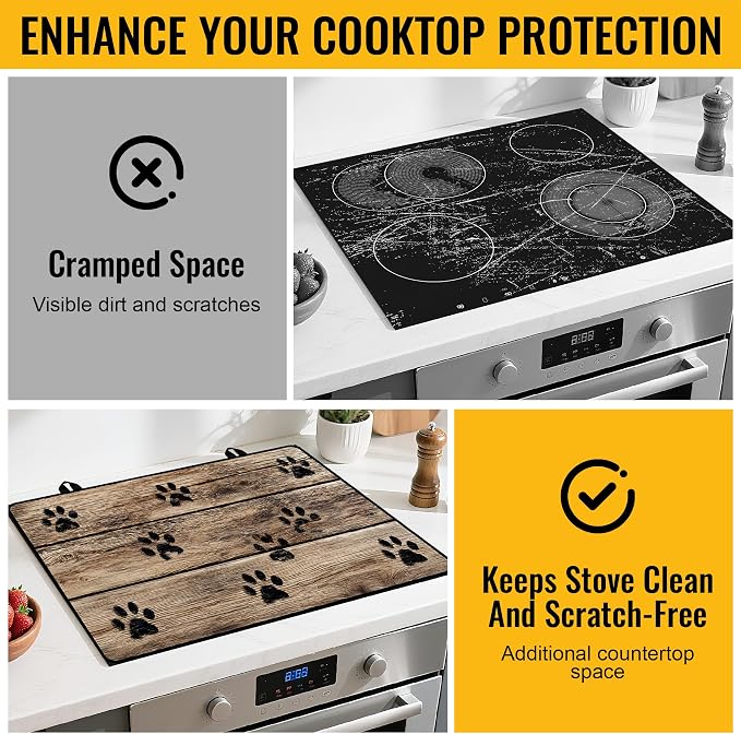 NYZE 28" x 20" Glass Stove Top Protector Mat Anti-Scratch Electric Stovetop Cover, Cute Paw Print Kitchen Dish Drying Mat & Extra Countertop Extension