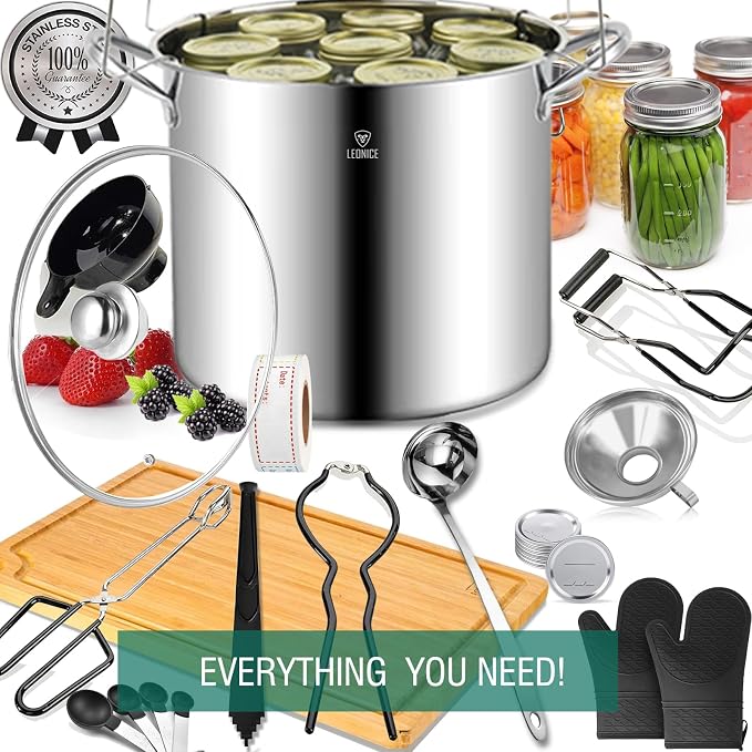 LEONICE Canning Supplies Starter Kit,Water Bath Canning Pot with Rack & Lid | Food-Grade Stainless Steel Canner Kit,3-PLY Bottom 20.5Qt Canner Compatible with All Stovetops,Canning Starter Kit Full Set