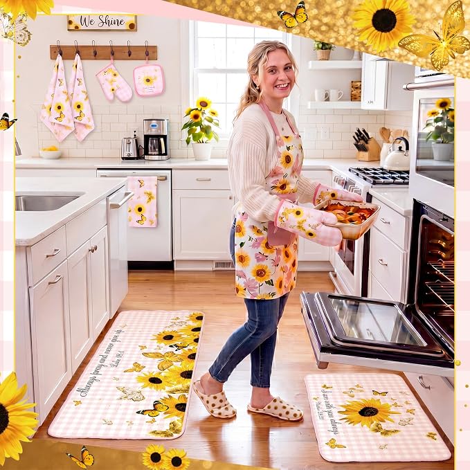 Fourluoo 10 Pcs Sunflower Kitchen Decor and Accessories Pink Kitchen Towels Rugs Oven Mitts and Pot Holders Set Sunflower Decorations Set for Cooking Baking Grilling Mom Gift Home