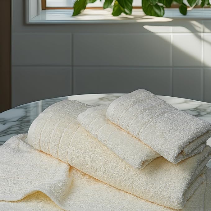 8 Piece Towel Set, 2 XL Bath, 2 Hand, 4 Washcloth, Cream | 100% Cotton, Lighter Weight, Quicker to Dry, Super Absorbent, Perfect for Bathroom