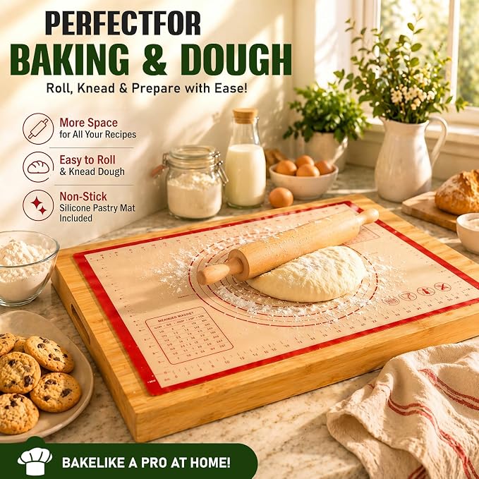 Bamboo Noodle Board Stove Top Cover 30x22 in Reversible 4-Piece Set | Wooden stovetop cover for gas & electric stove, cutting board with juice groove & handles, silicone mat, 2 trays, 8 pads
