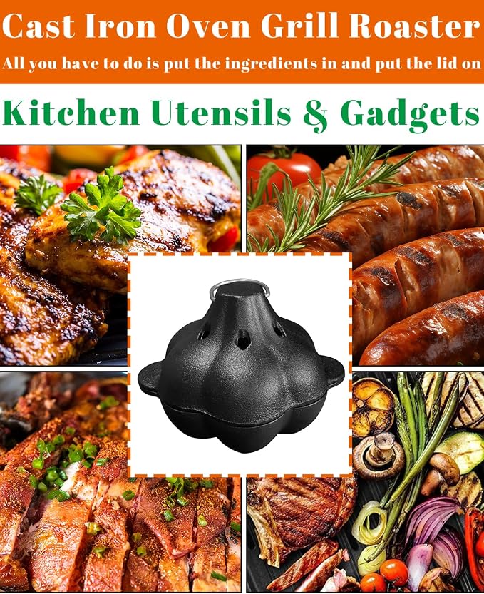 Pinra Pre-Seasoned Cast Iron Dutch Oven Pot, Potato Garlic Roaster Baker, Roasted Garlic Potatoes Cooker for Kitchen Oven or Outdoor BBQ Grill, Cast-Iron Ramekin Pot with Lid