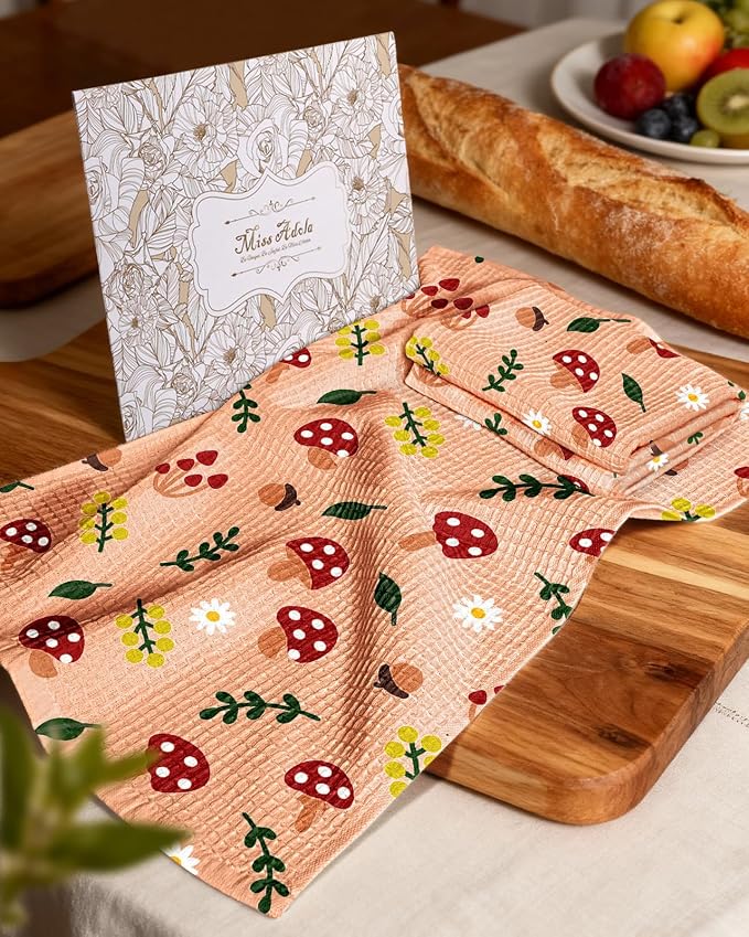 370GSM Cotton Waffle Kitchen Towels, Mushroom | Pure Cotton, Sustainable, Waffle Weave, Terry Cloth, Highly Absorbent, Decorative, 16"x25", with Hanging Loop