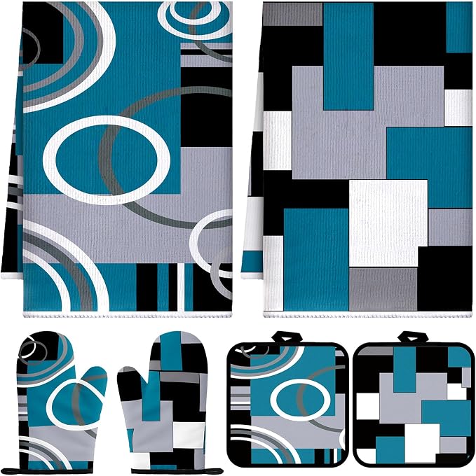Jingmore 6 Pcs Kitchen Decor Set Accessory Farmhouse Kitchen Towels Pot Holders Oven Mitts Set 2 Dish Towels 2 Pot Holders 2 Cooking Mittens Oven Glove for Cooking(Teal,White, Gray,Geometric)