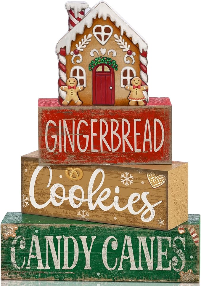 Lineshading 4 Pcs Christmas Table Decor Gingerbread House Tiered Tray Decor | Wood Rustic Gingerbread Block Signs, Christmas Table Centerpiece, Farmhouse Home Decor for Table Kitchen Shelf Party Gift