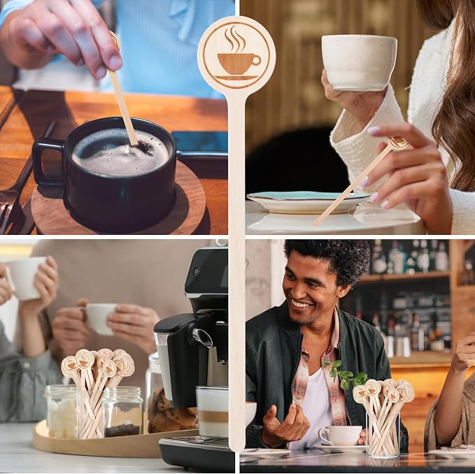 100Pcs Coffee Stirrers-5.9 Inch Natural Wooden Stir Sticks with Round Ends, Disposable Biodegradable Cafe Grade Coffee Stir Sticks Wood Beverage Mixer for Coffee Cocktails Milk Tea | Natural disposable biodegradable cafe grade coffee stir sticks