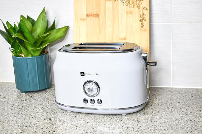 CULINARY CHEF, 2 Slice Toaster, Retro Style, Wide Slot for Bread, English Muffins, Croissants, and Bagels, 6 Adjustable Toast Settings, Cancel and Defrost, 900w, White