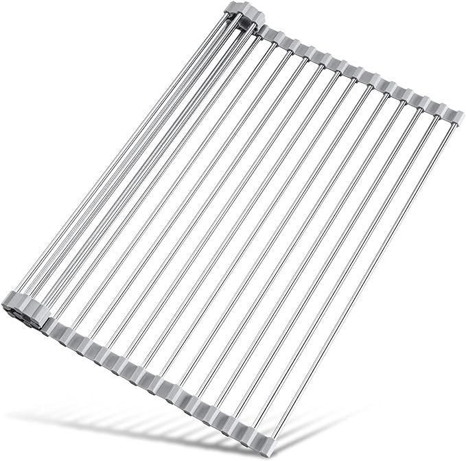 Tomorotec Roll Up Dish Drying Rack Over Sink, 304 Steel, 21x15.5, Grey | Anti-Slip Silicone Rims For Grip, Heat-Resistant Trivet Mat Holding Heavy Cookware, Rustproof Kitchen Counter Space Saver