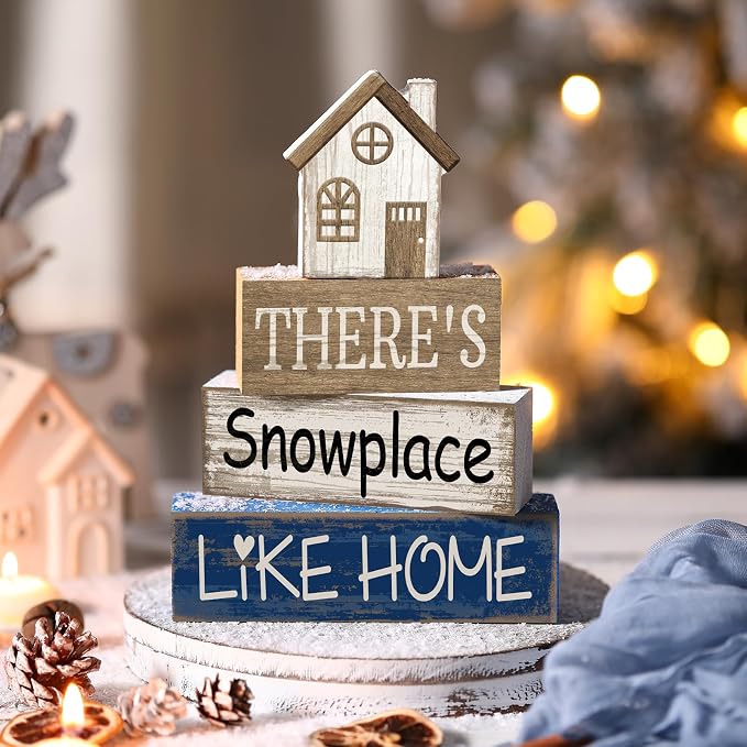 Lineshading 4 Pcs Wood Block Signs Farmhouse Tiered Tray Stacked House | Rustic Tabletop Signs with Winter Sentiment, Stackable for Shelf or Mantel, Seasonal Home Accent, Distressed Finish
