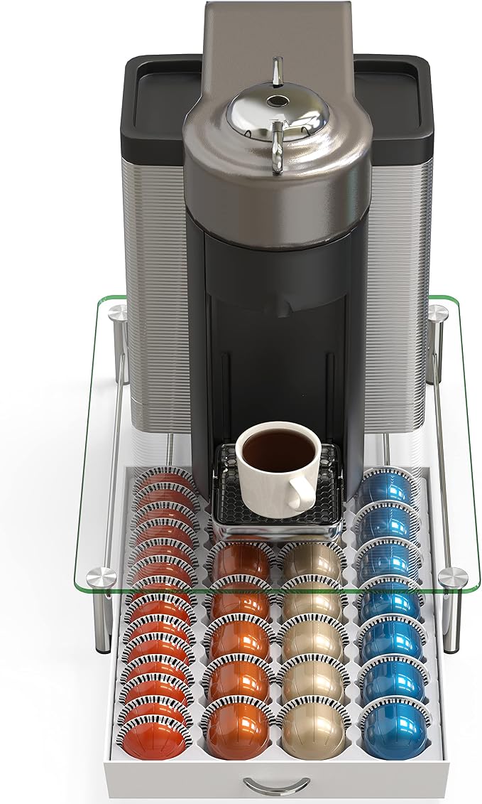Deco Brothers Tempered Glass Vertuo Pod Holder, Fits 28 Large/56 Small Pods | Compatible with Nespresso Capsule, White