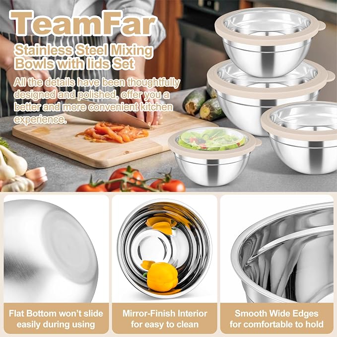 TeamFar Mixing Bowls Set, 4.5/3/1.5/1/0.7 QT Salad Bowl with Lids, Khaki | Stainless Steel Nesting Bowls with Visible Airtight Lids, For Serving/ Mixing/ Storing, Non-Toxic & Dishwasher Safe, Set of 5