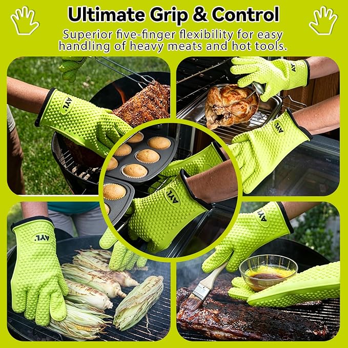 AYL Silicone Smoker Oven Gloves - Extreme Heat Resistant BBQ Gloves - Handle Hot Food on Your Grill, Pit & Turkey Fryer | Waterproof Meat Handling Mitts with Cotton Layer | Ultimate Set + Bonuses