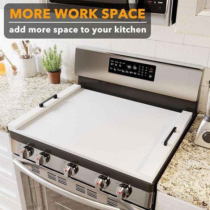 SpaceAid Noodle Board Stove Kitchen Cover with Handles, Top Covers for Gas Burners and Electric Stove, Oven Decor Accessories Wood Tray for Countertop, White Bamboo