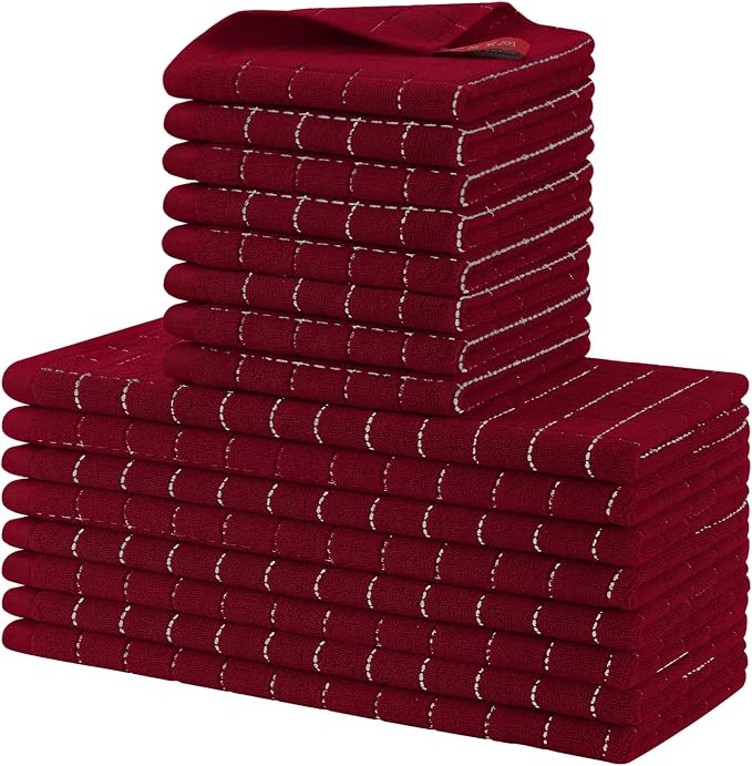 Homaxy Kitchen Towels and Dishcloths Set, Set of 16, Brick Red | Bulk Cotton Terry Kitchen Towels, Checkered Designed, Soft and Super Absorbent Dish Towels, 12 x 12 and 13 x 28 Inches