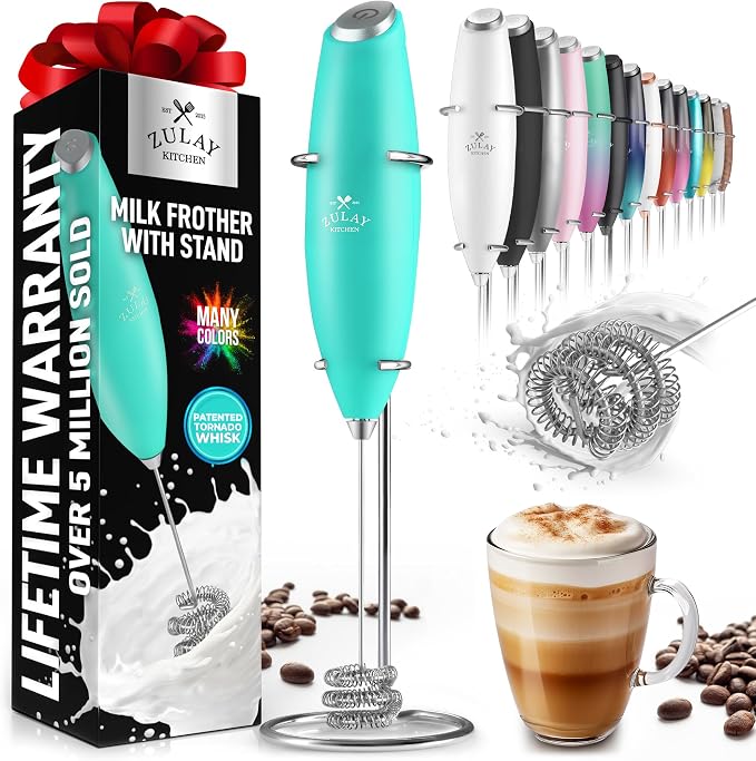 Zulay Powerful Milk Frother for Coffee with Upgraded Titanium Motor - Handheld Electric Whisk, Milk Foamer, Mini Mixer & Coffee Blender for Frappe, Latte, Matcha, No Stand - Pristine Teal