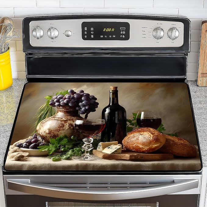 NYZE Stove Top Cover for Electric/Glass Stove, Flat Top Cooktop Protector, Electric Cooktop Cover, Extra Counter Space for Kitchen (Red Wine & Grapes)