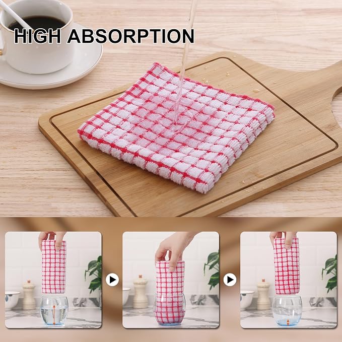 Kitinjoy Cotton 12 Pack Kitchen Towels and Dishcloths Sets, Red | 16 x 25 Inch & 12 X 12 Inch Dish Towels Bulk, Super Soft and Absorbent hand towels for kitchen Drying