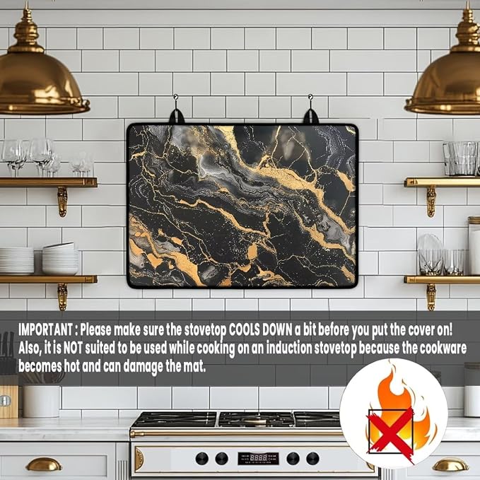 Black Gold Marble Texture Print Electric Stove Top Cover 29.18 x 20.96 inch Glass Cooktop Cover with Lanyards Dish Drying Mat Anti-Slip Range Covers Pad for Glass Top Stove